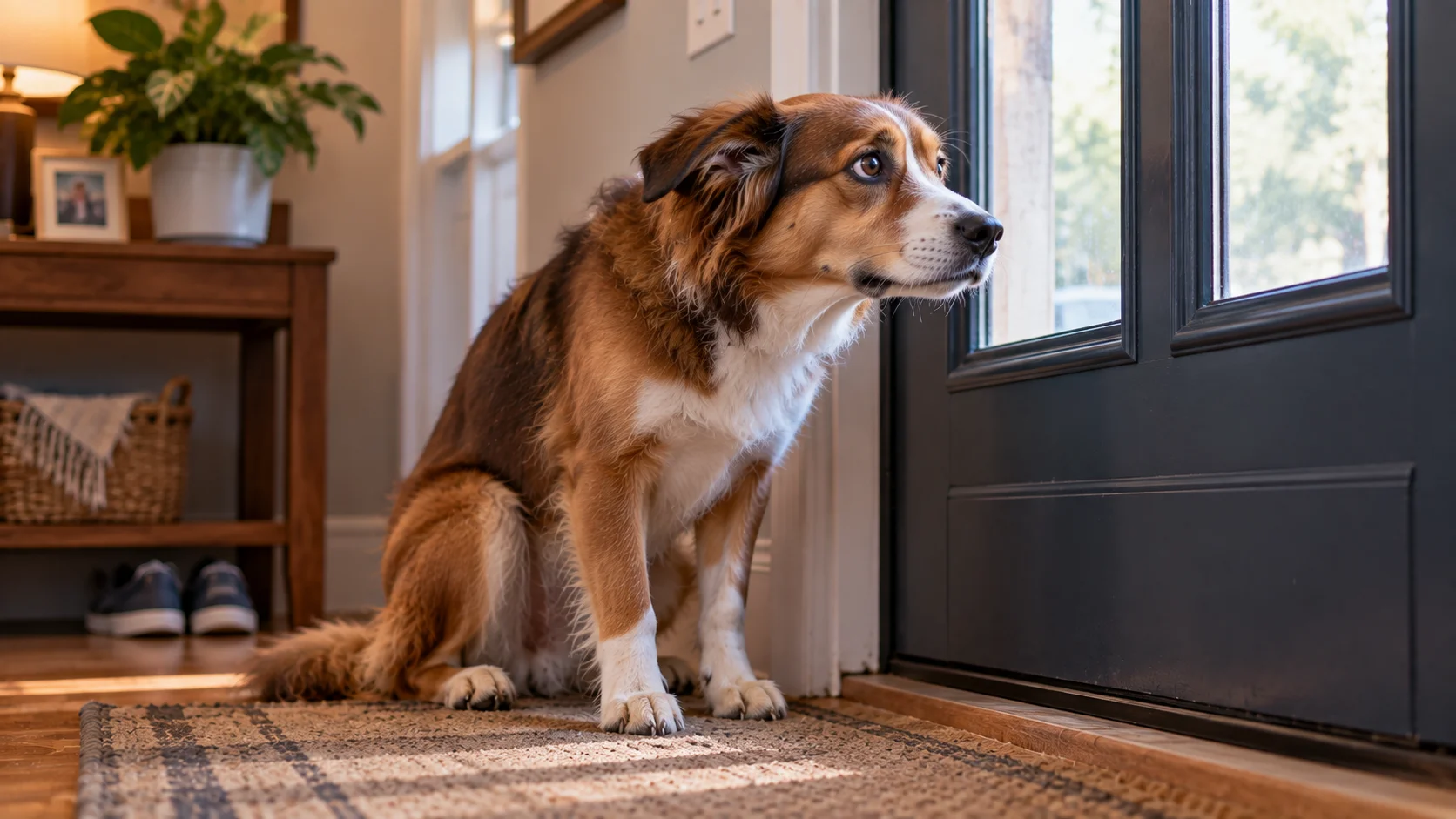 Anxious dog sitting by the front door and waiting for its owner