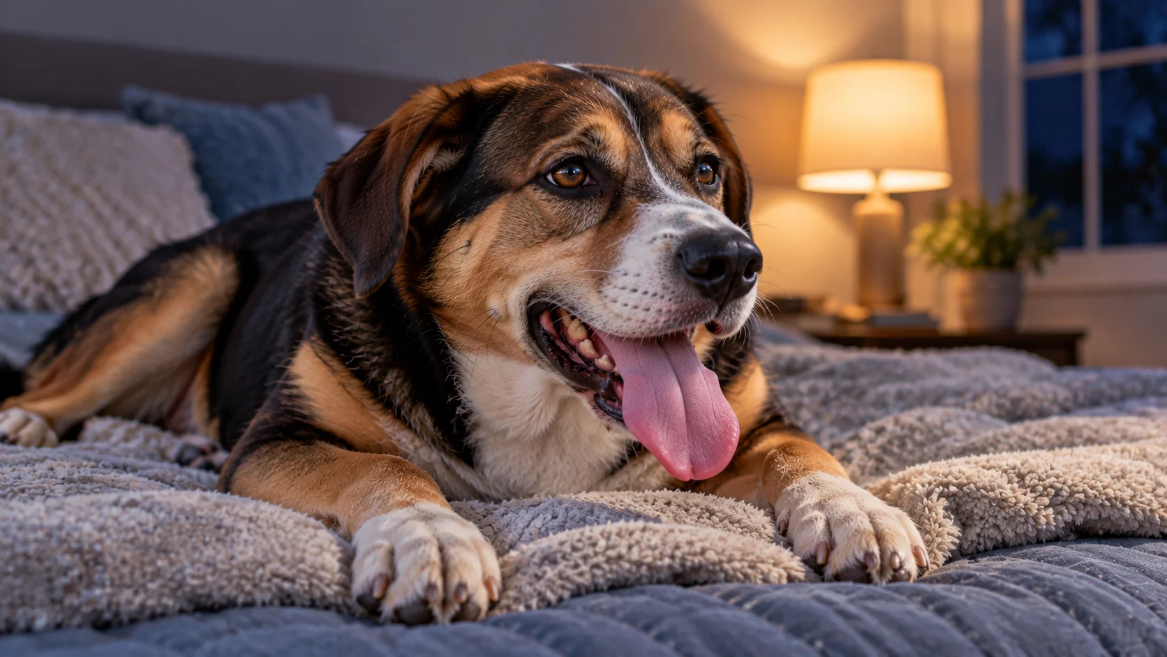Dog panting heavily while resting in bed at night