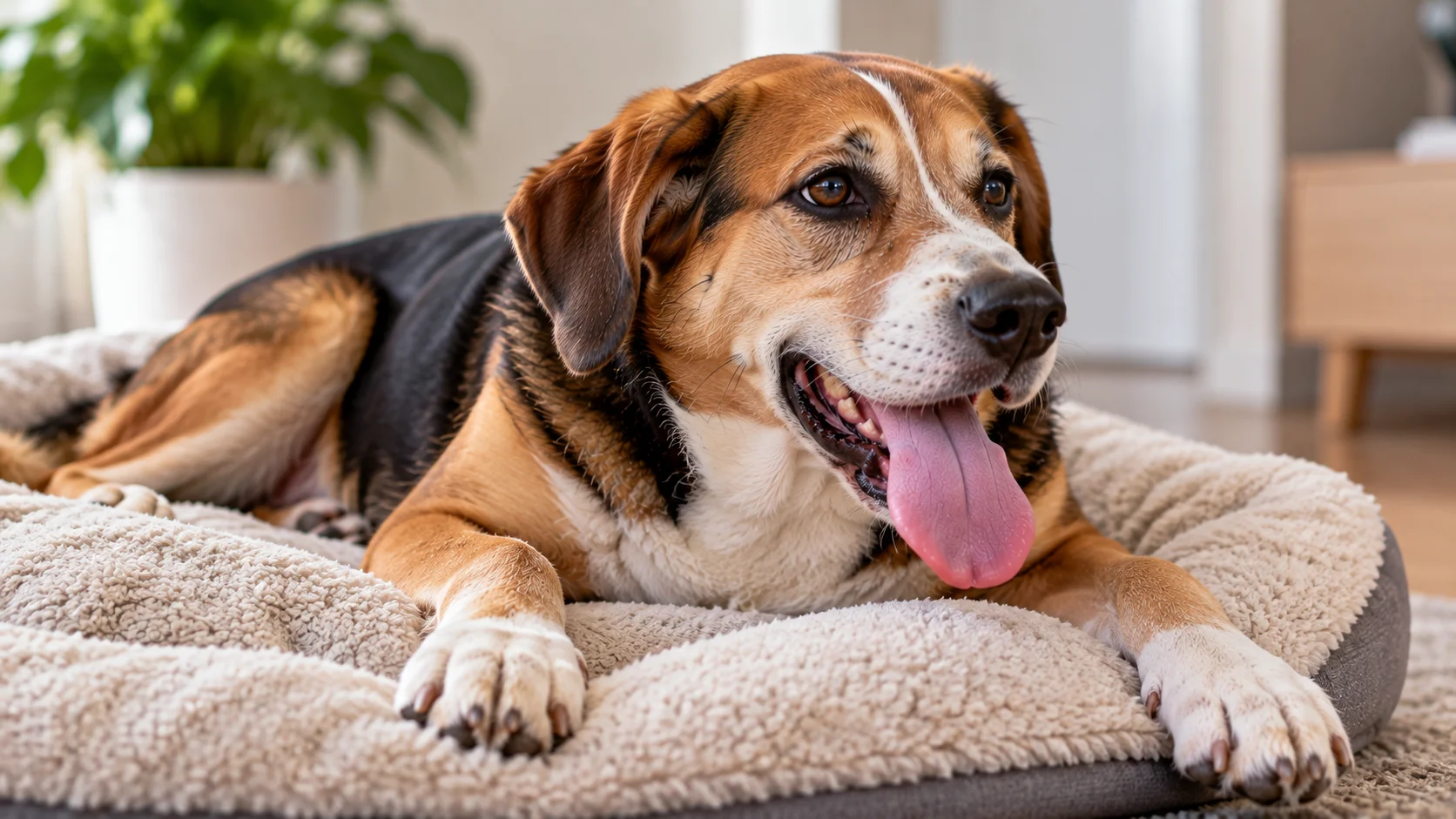 Dog panting heavily while resting on a bed at home