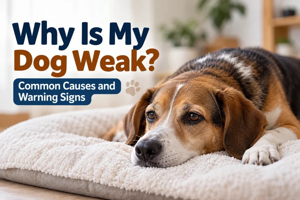 Why is my dog weak? Dog resting with signs of weakness and low energy Caption: A weak dog may have trouble standing, walking, or maintaining normal energy levels.