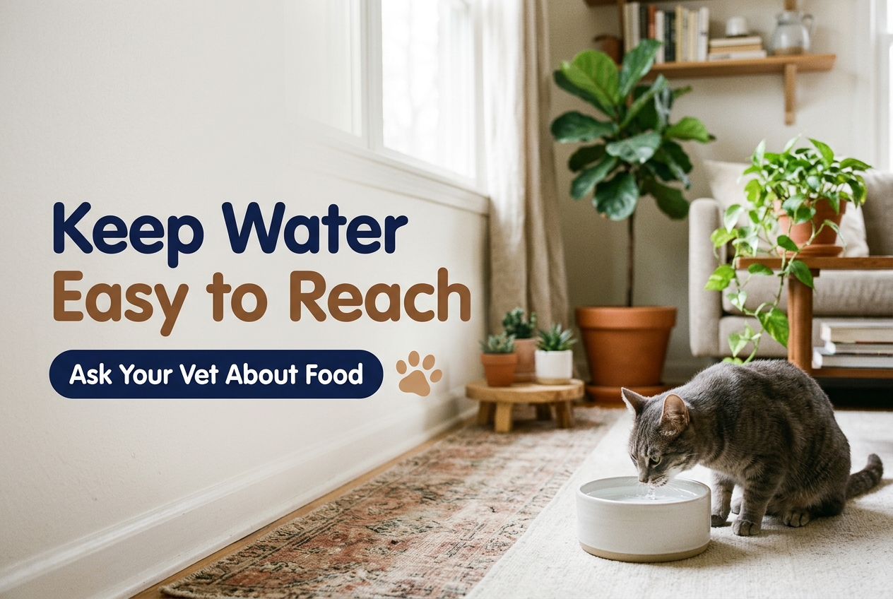 Gray cat drinking from a fresh water bowl on a rug in a bright living room with plants