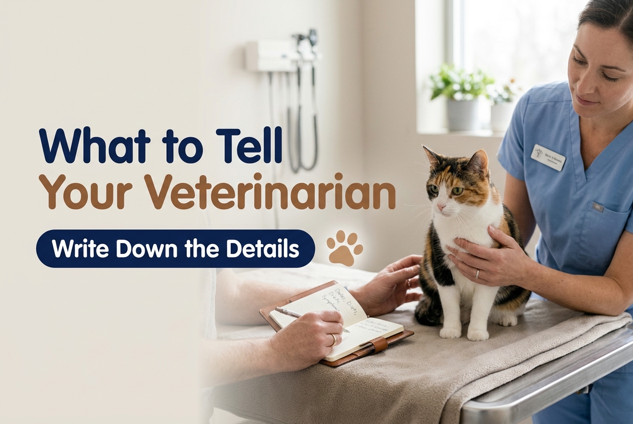 Calico cat sitting on a vet exam table held by a veterinarian in blue scrubs while an owner writes in a notebook
