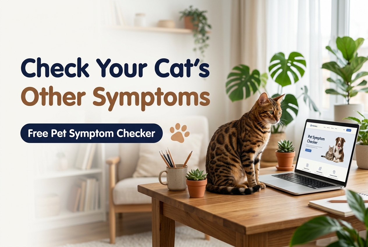 Bengal cat sitting beside an open laptop on a wooden desk showing the Pet Symptom Checker