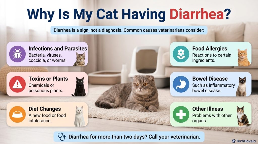 Why is my cat having diarrhea? Infographic of a Scottish Fold cat on a rug with causes: infections and parasites, toxins or plants, diet changes, food allergies, bowel disease and other illness