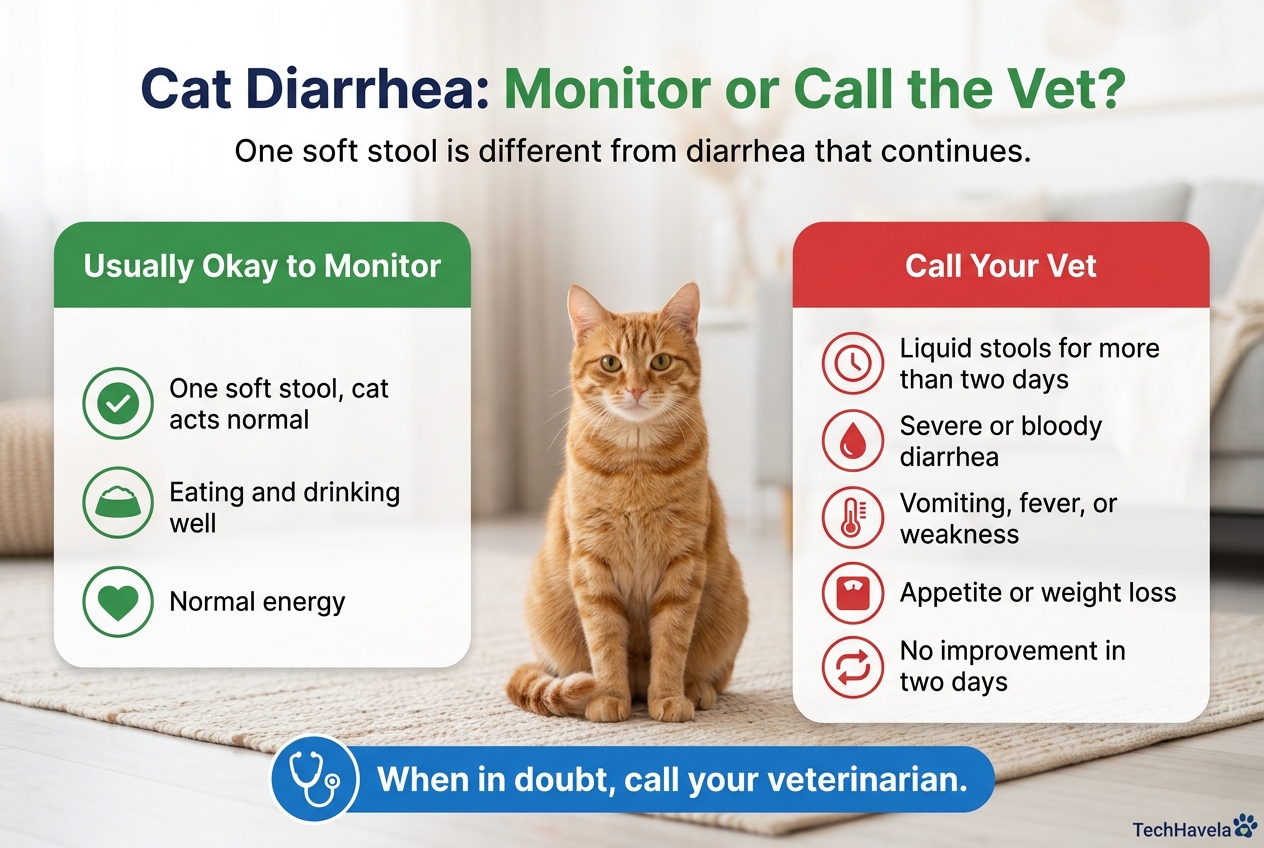 Orange tabby cat sitting on a light rug between two lists comparing when cat diarrhea is usually okay to monitor and when to call the vet