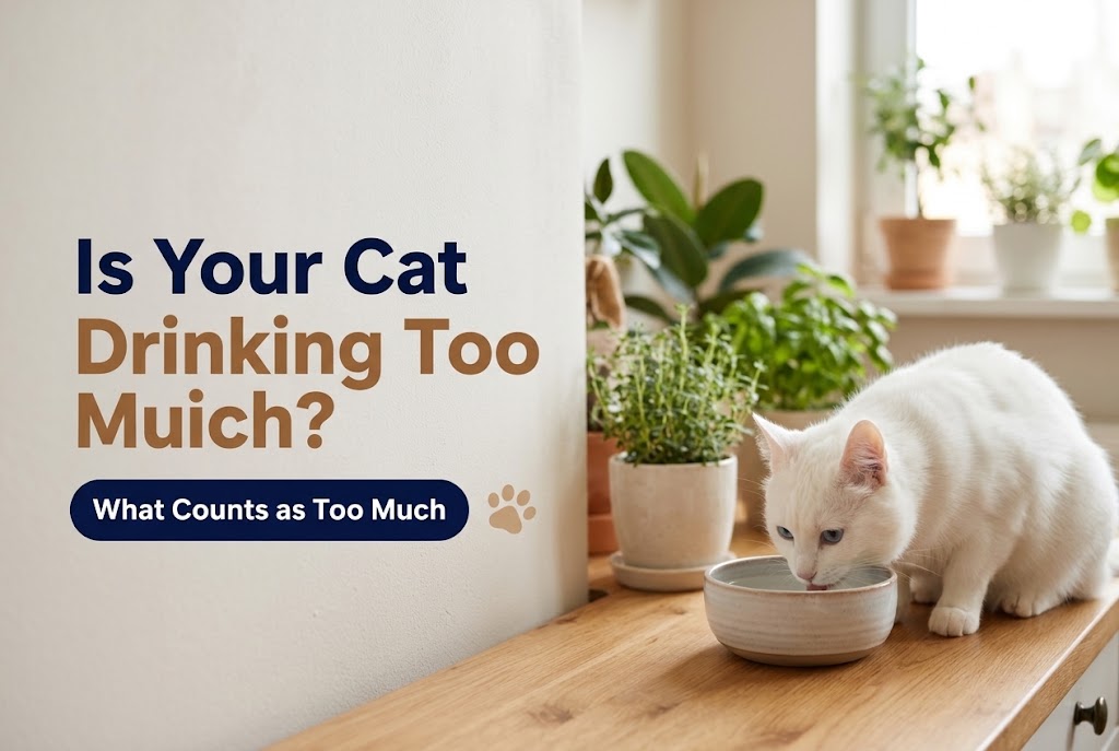 White cat drinking water from a ceramic bowl on a wooden counter next to green houseplants