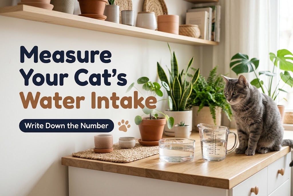 Gray tabby cat sitting on a kitchen counter beside a glass measuring cup and a bowl of water