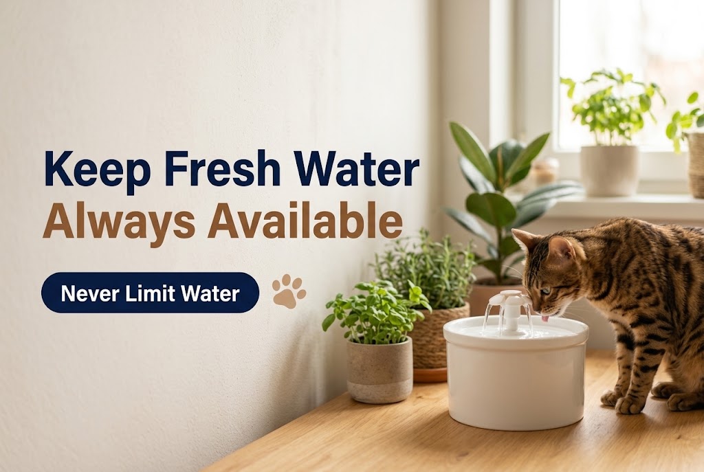 Brown tabby cat drinking from a white ceramic water fountain surrounded by houseplants