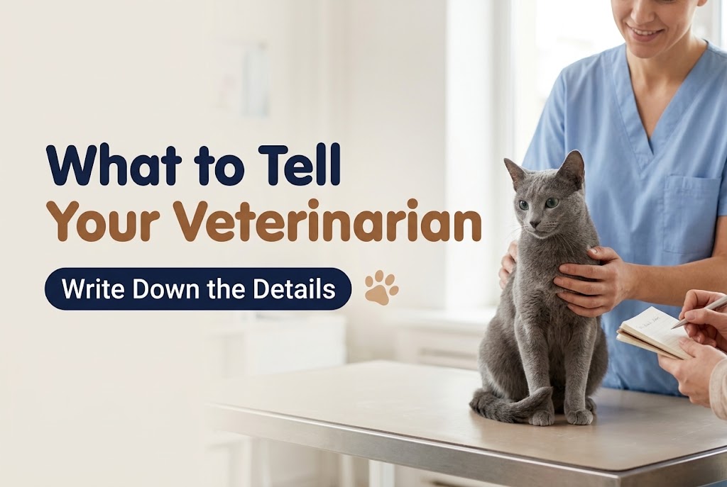 Gray cat standing on a vet exam table held by a veterinary professional in blue scrubs while an owner writes notes