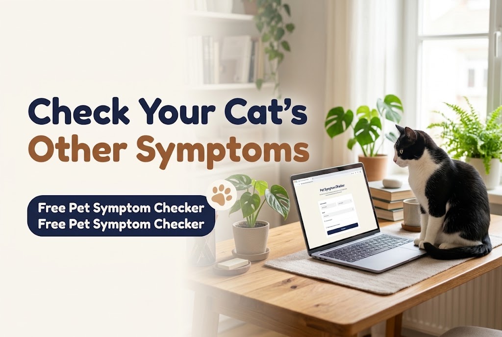 Black and white cat sitting on a wooden desk looking at a laptop showing the Pet Symptom Checker