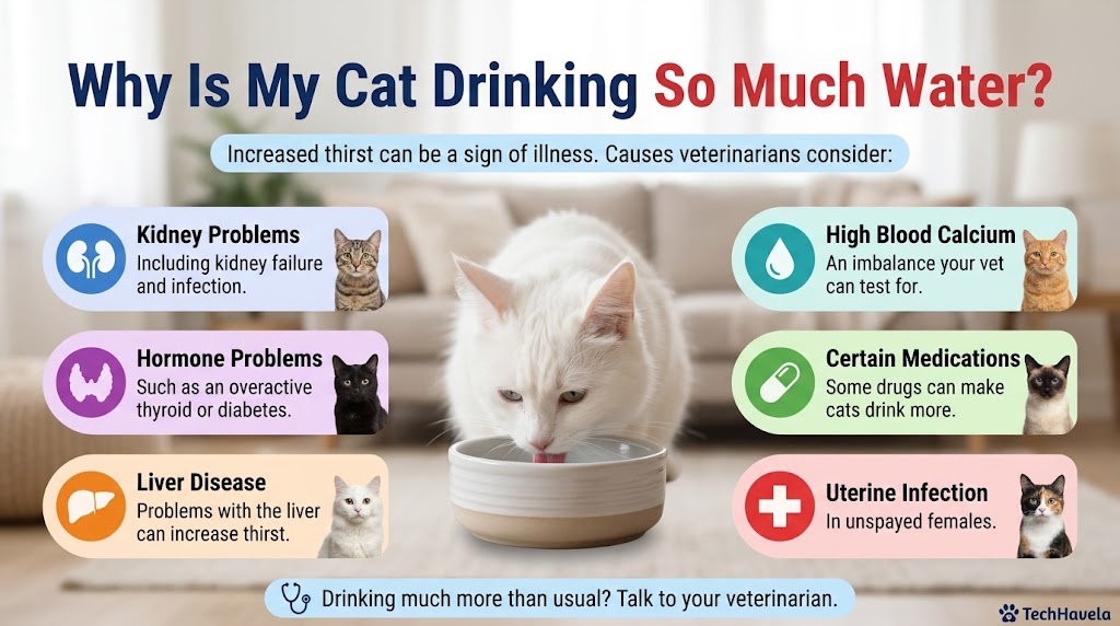 Why is my cat drinking so much water? Infographic of a white cat drinking from a bowl with causes: kidney problems, hormone problems, liver disease, high blood calcium, certain medications and uterine infection