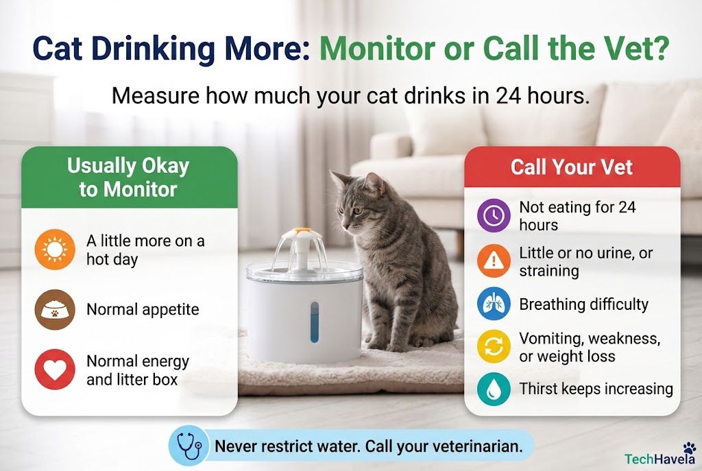 Gray cat sitting beside a water fountain between two lists comparing when extra drinking is usually okay to monitor and when to call the vet