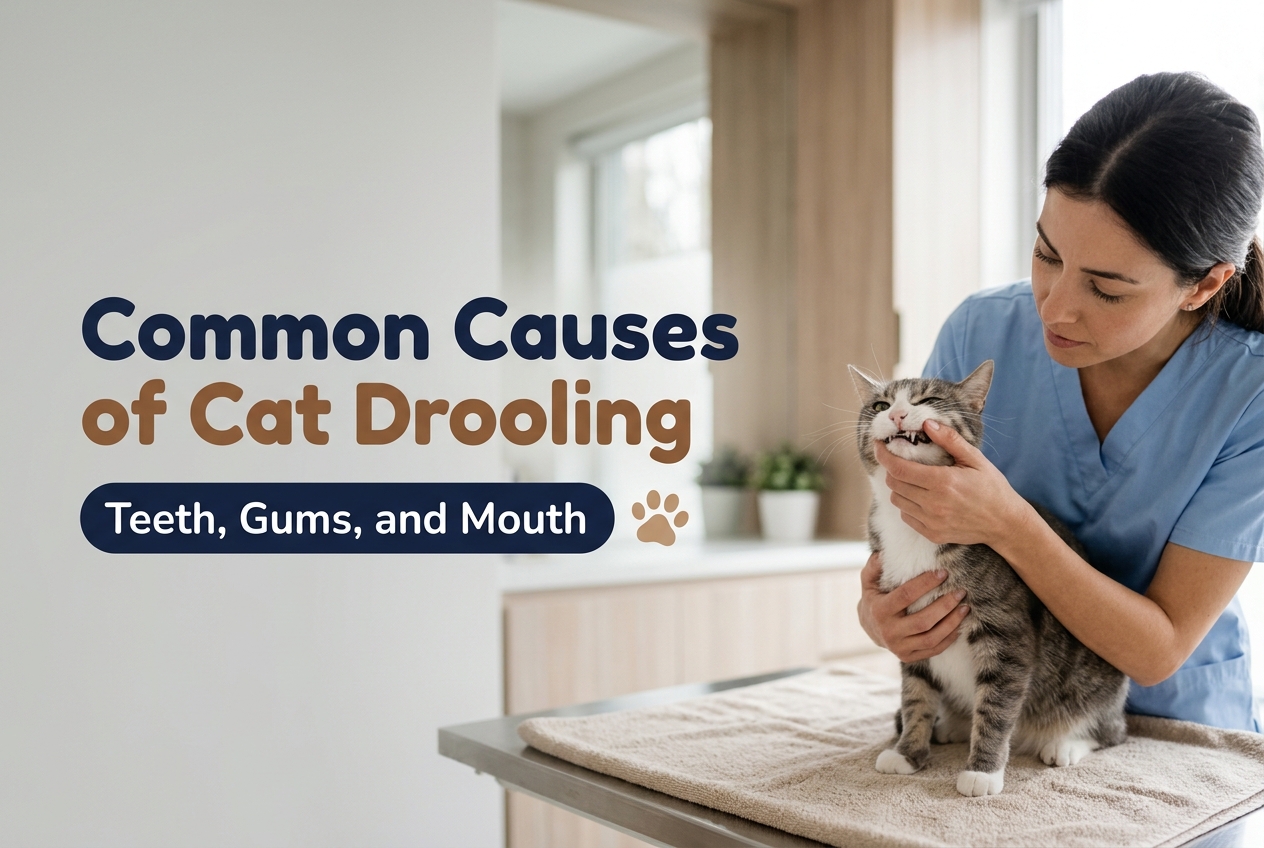 Veterinarian gently lifting a tabby cat's lip to check its teeth and gums, a common cause of cat drooling