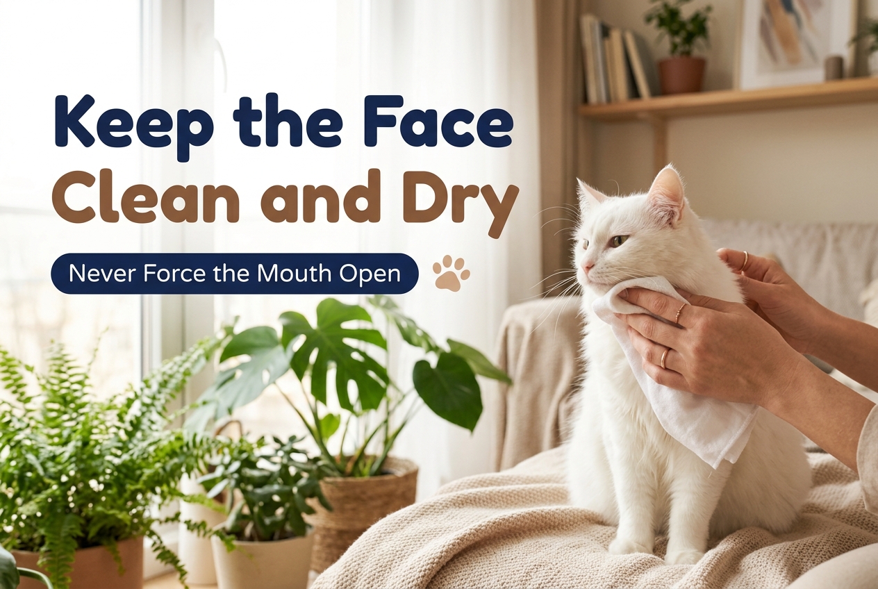 Owner gently wiping a white cat's chin with a soft cloth to keep the face clean and dry