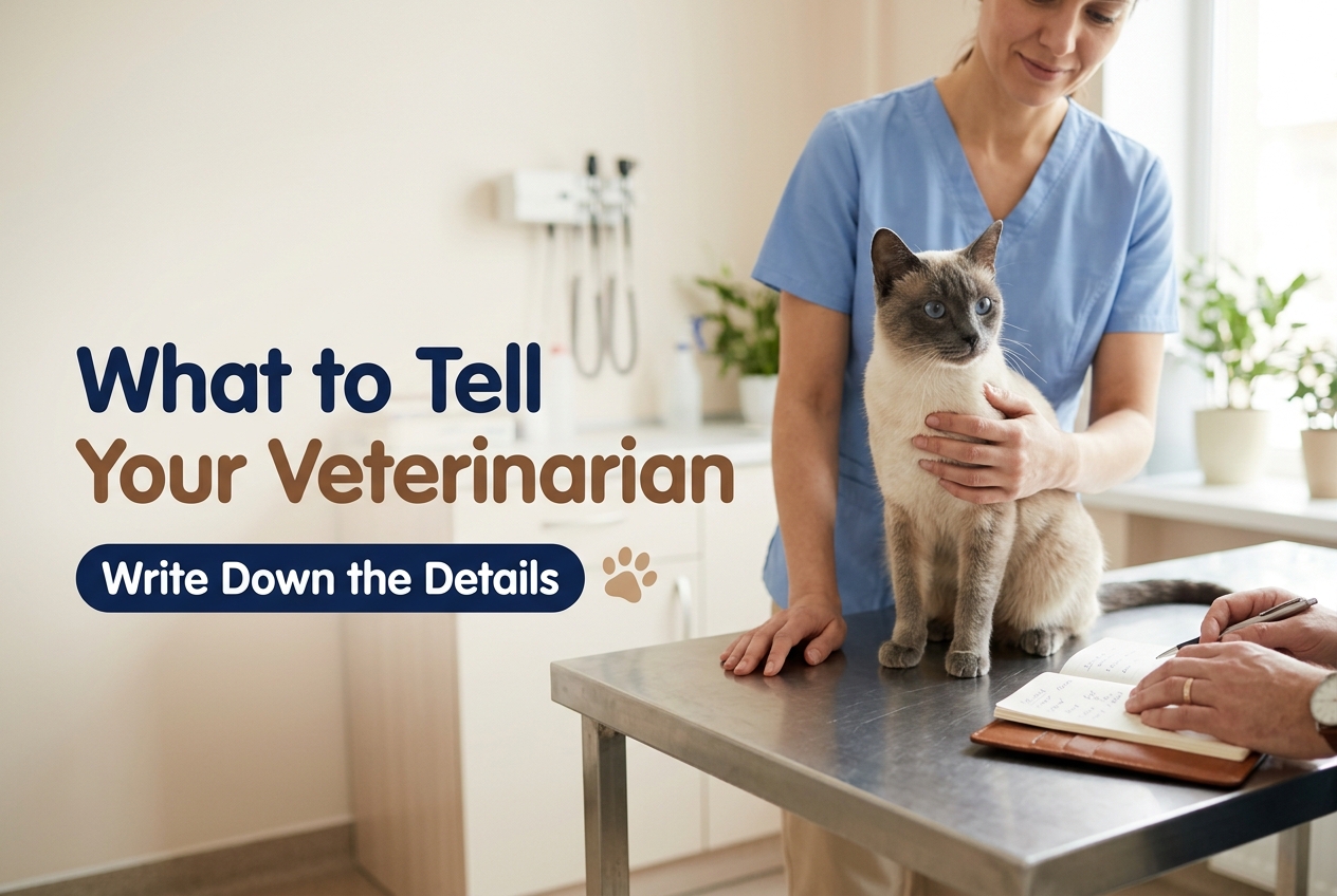 Siamese cat sitting on a vet exam table held by a veterinarian in blue scrubs while an owner writes in a notebook