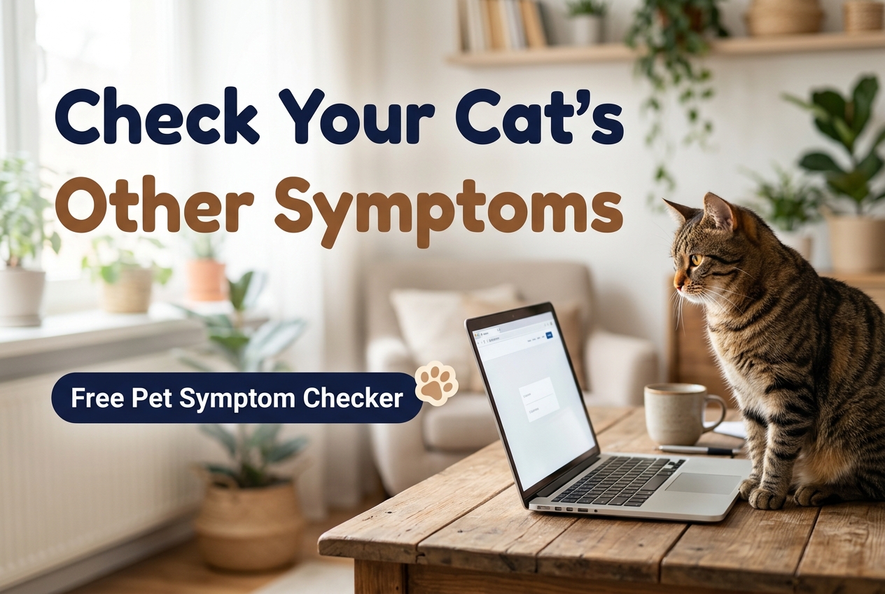 Tabby cat sitting beside an open laptop on a rustic wooden desk looking at the Pet Symptom Checker