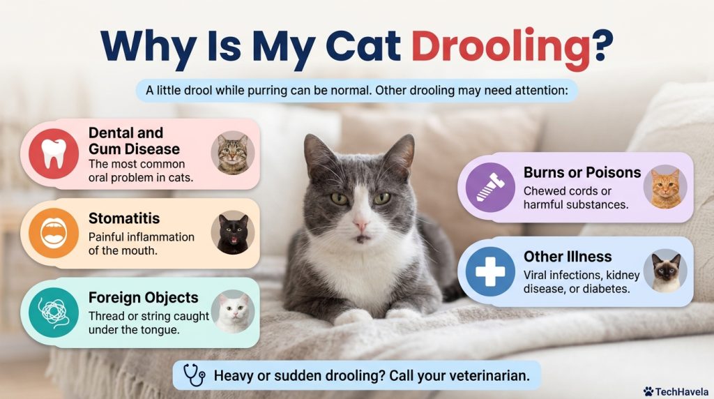 Why is my cat drooling? Infographic of a gray and white cat lying on a blanket with causes: dental and gum disease, stomatitis, foreign objects, burns or poisons and other illness