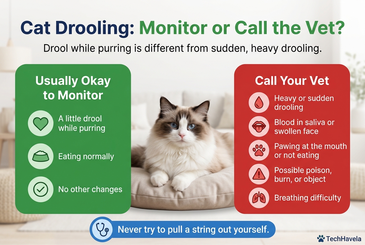 Ragdoll cat relaxing on a cushion between two lists comparing when cat drooling is usually okay to monitor and when to call the vet