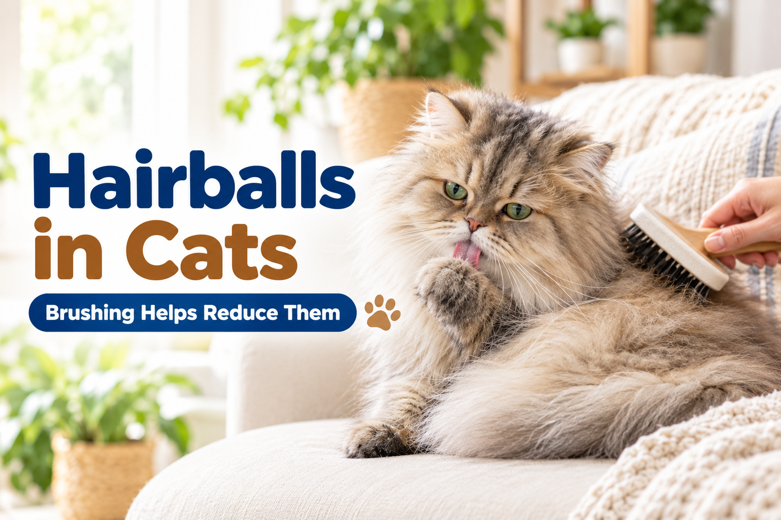 Longhaired cat licking its paw while an owner brushes its coat to help reduce hairballs
