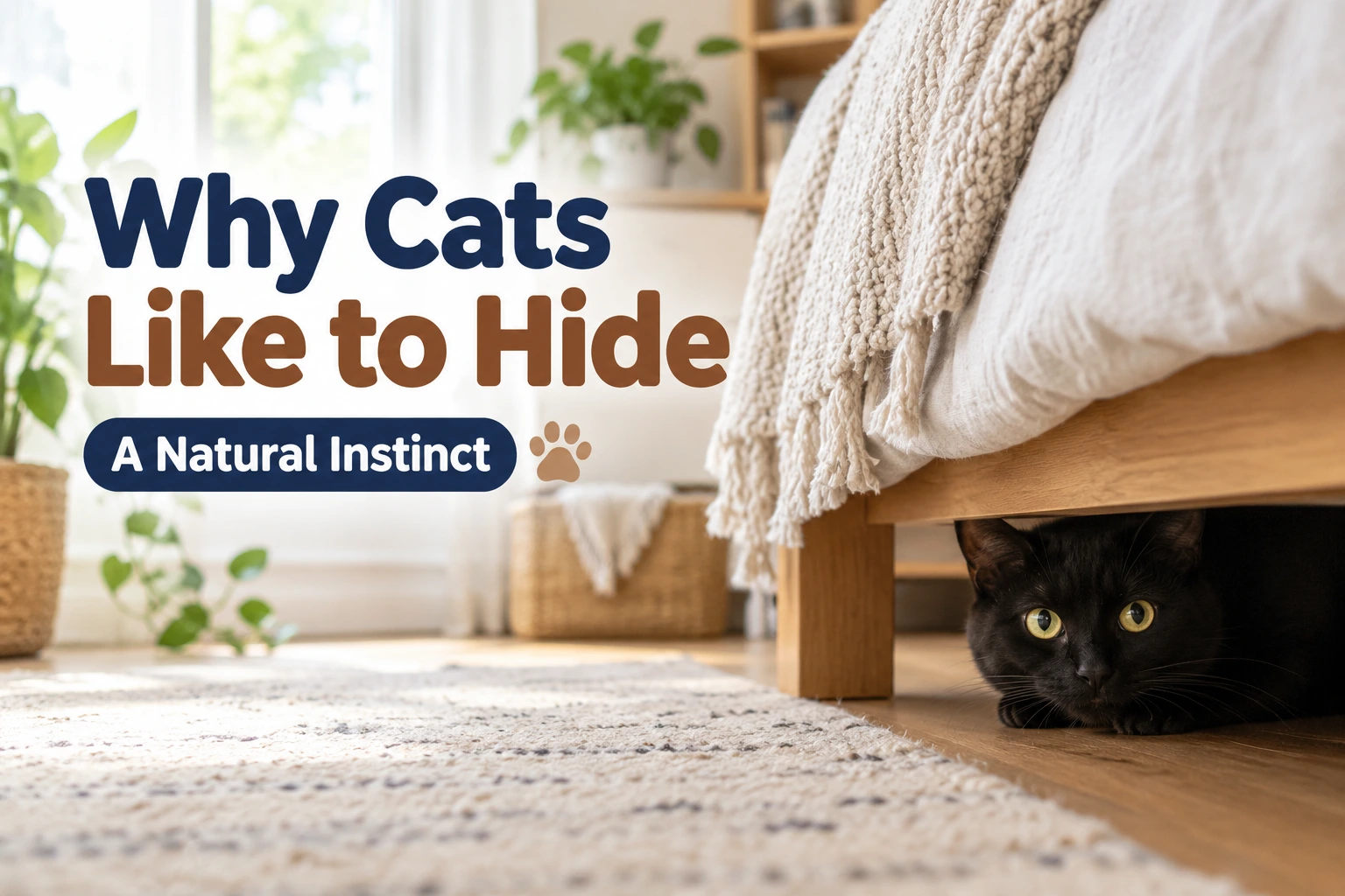 Black cat peeking out from under a wooden bed frame beside a white bedspread