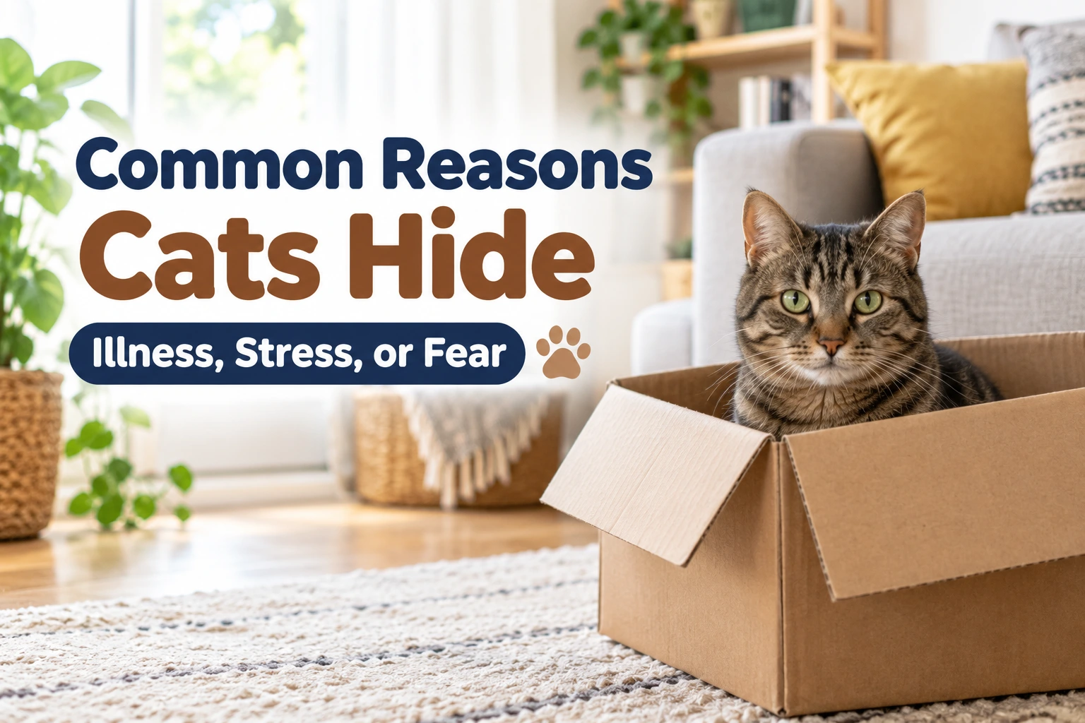 Tabby cat sitting in a cardboard box in a bright living room