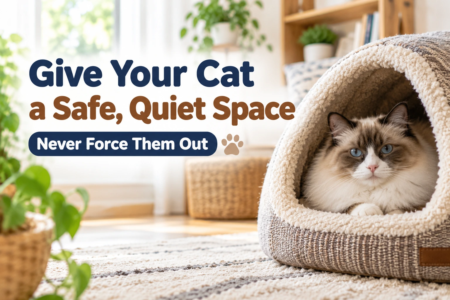 Ragdoll cat lying inside a soft cat cave bed in a bright room