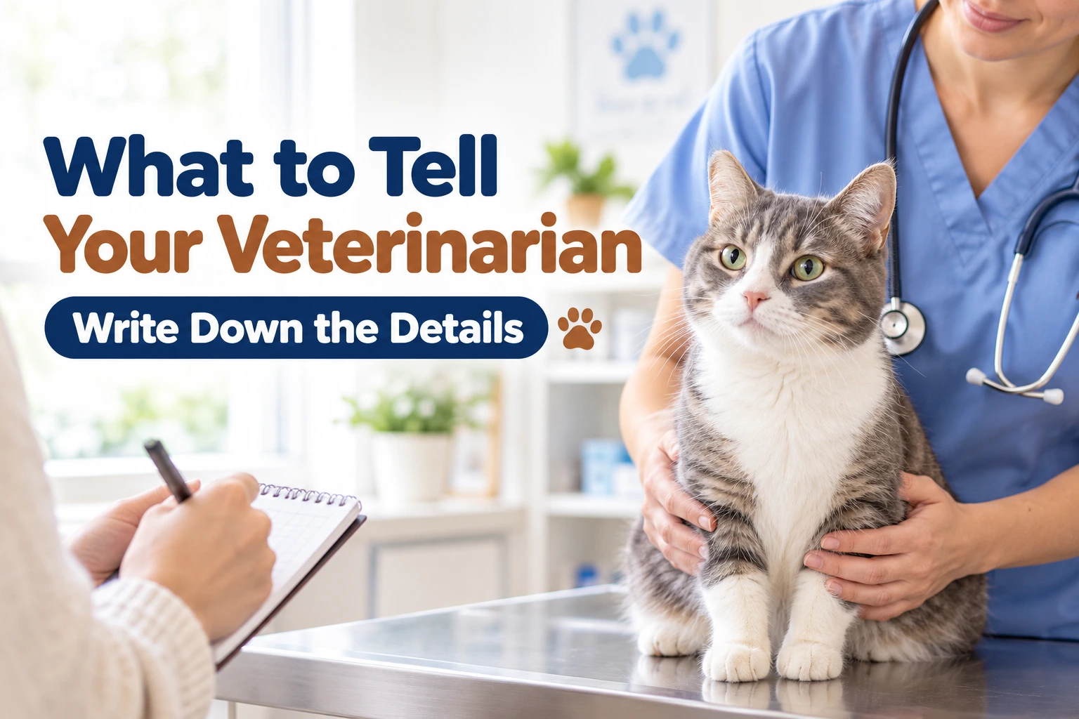 Gray and white cat standing on an exam table held by a veterinary professional while an owner takes notes