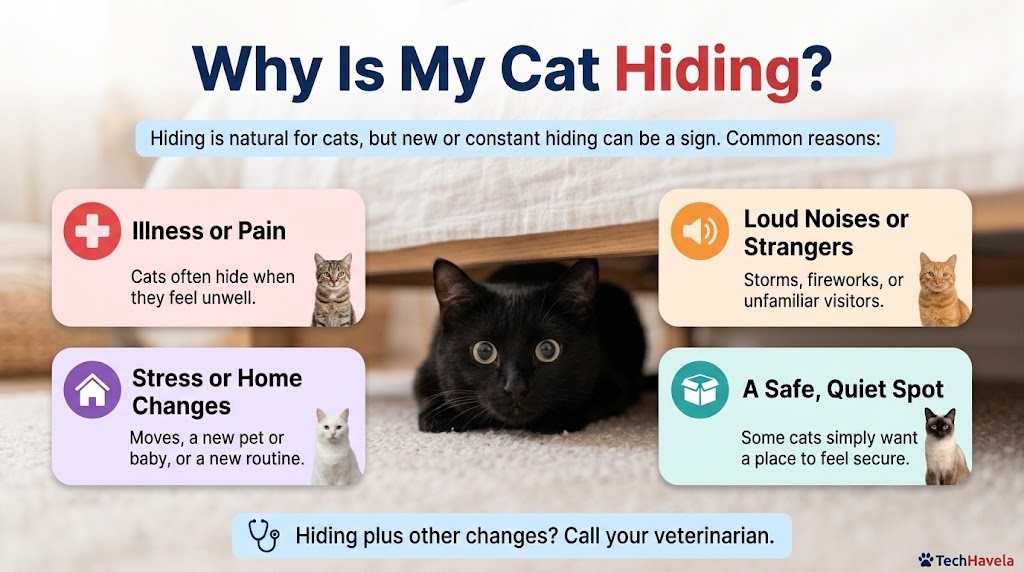 Why is my cat hiding? Infographic of a black cat under a bed with common reasons: illness or pain, loud noises, stress and a safe quiet spot