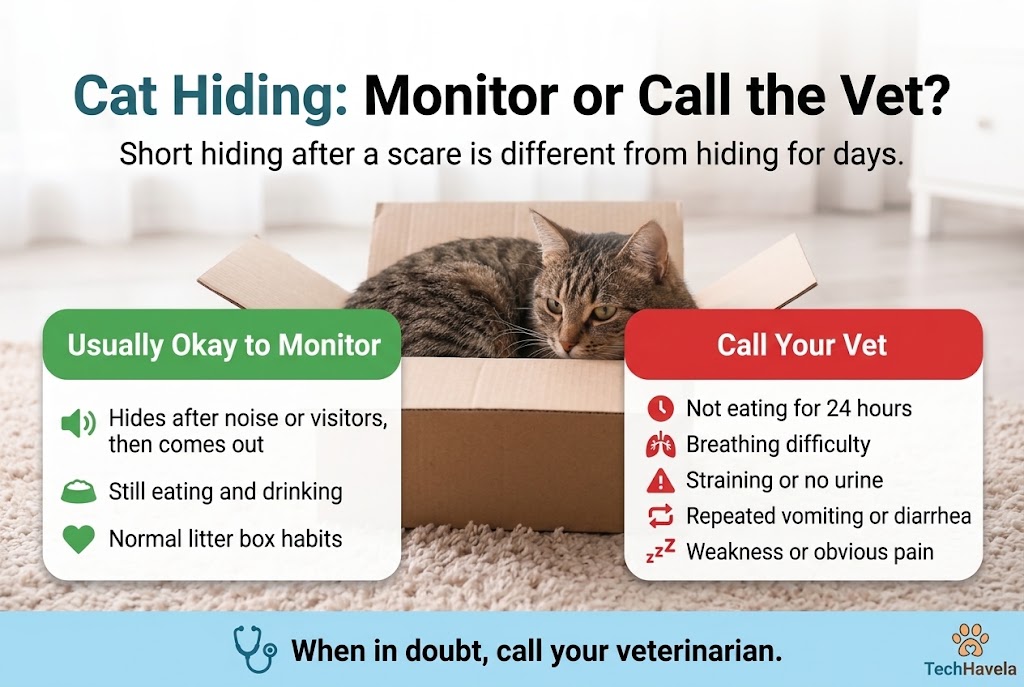 Tabby cat in a cardboard box between two lists comparing when hiding is usually okay to monitor and when to call the vet