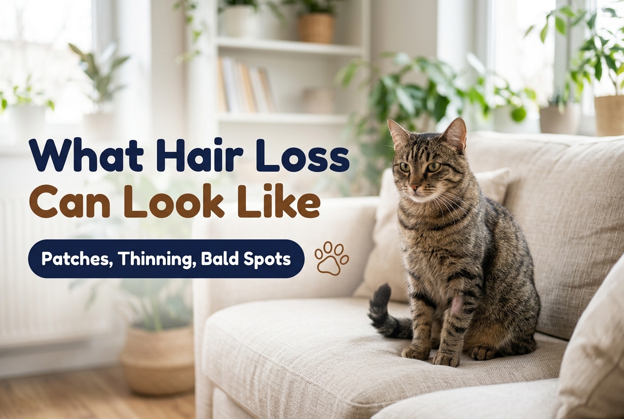 Tabby cat sitting on a cream sofa with a thin patch of fur on one leg, an example of cat hair loss