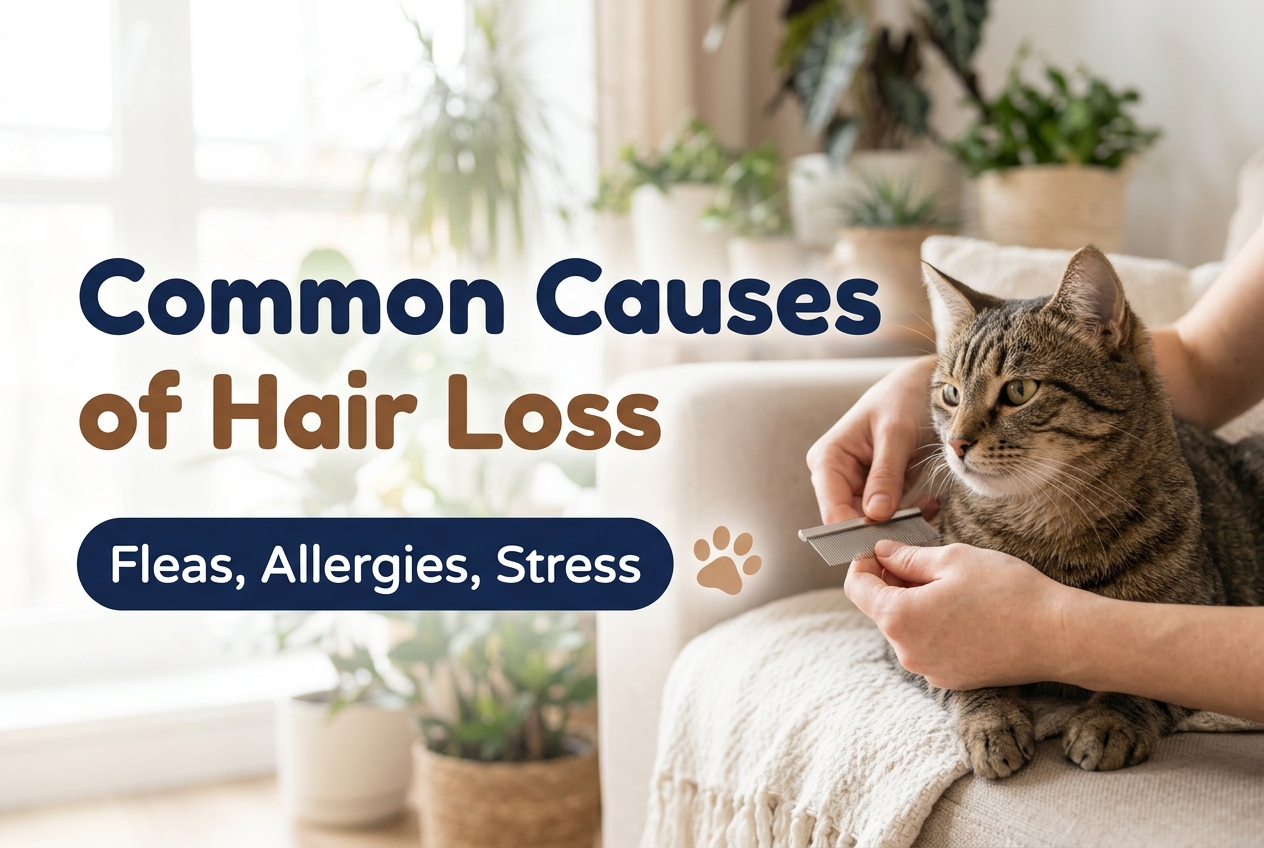 Hand parting a tabby cat's fur with a fine-toothed flea comb to check for fleas, a common cause of hair loss