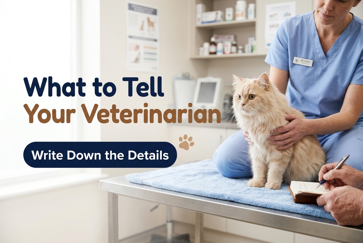 Persian cat sitting on a vet exam table held by a veterinarian in blue scrubs while an owner writes in a notebook
