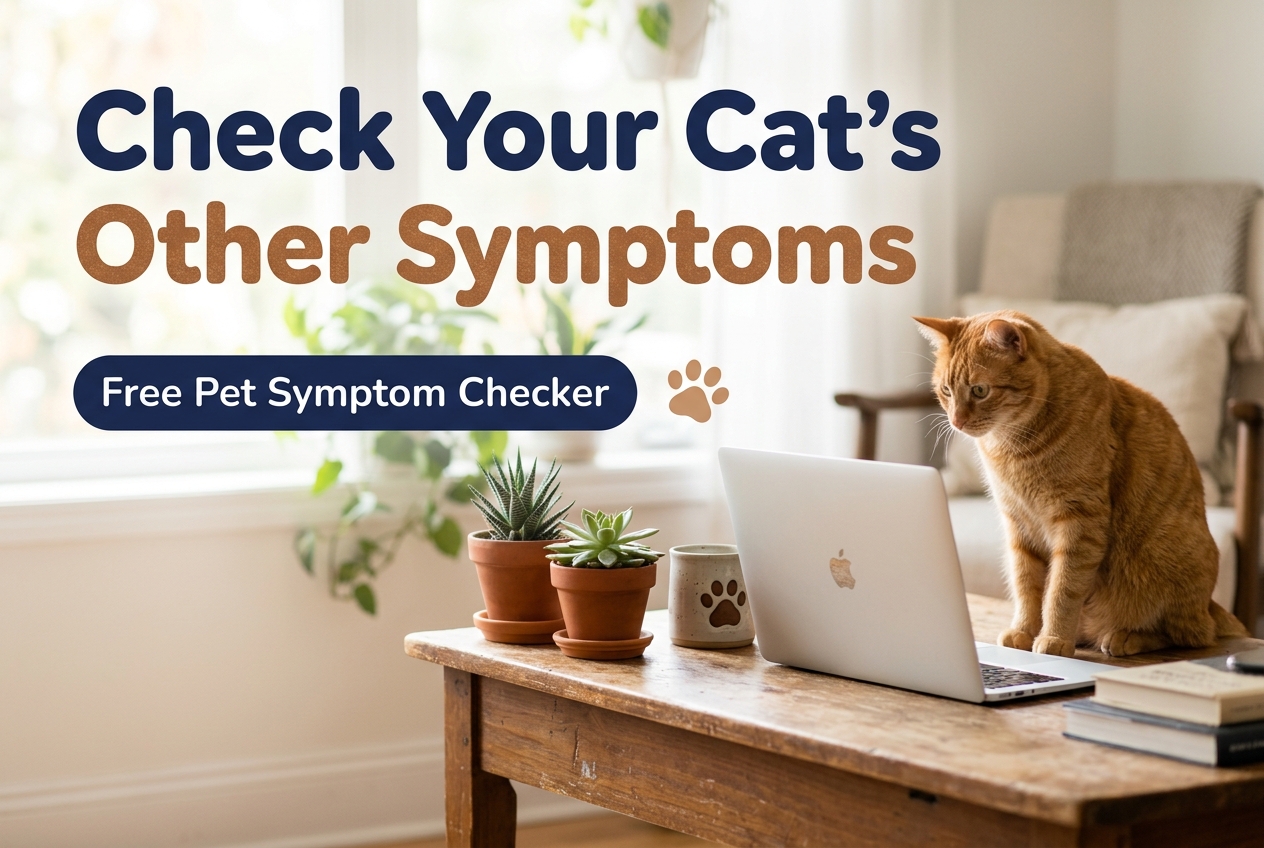 Orange cat sitting beside an open laptop on a wooden desk with potted plants, looking at the Pet Symptom Checker
