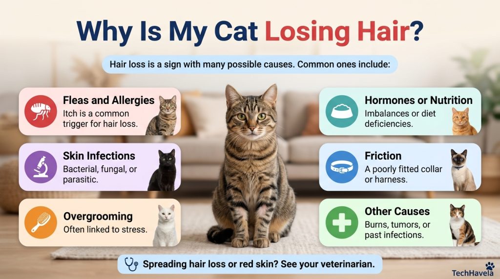 Why is my cat losing hair? Infographic of a tabby cat on a rug with six causes: fleas and allergies, skin infections, overgrooming, hormones or nutrition, friction and other causes