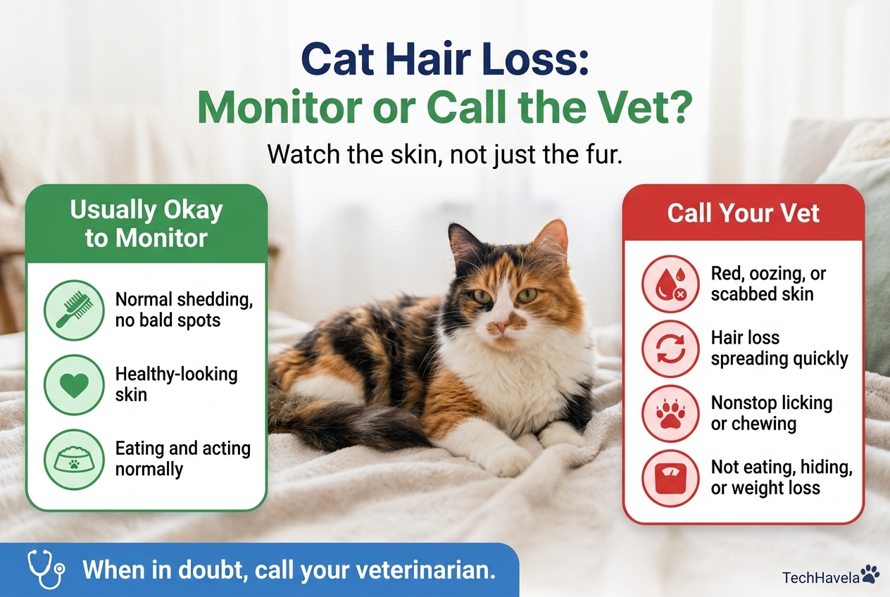 Calico cat lying on a light blanket between two lists comparing when cat hair loss is usually okay to monitor and when to call the vet