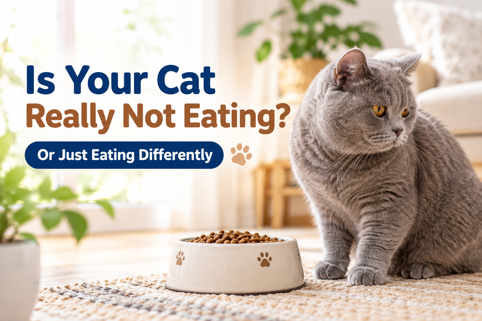 Gray British shorthair cat sitting beside a bowl of dry food on a woven rug in a bright room