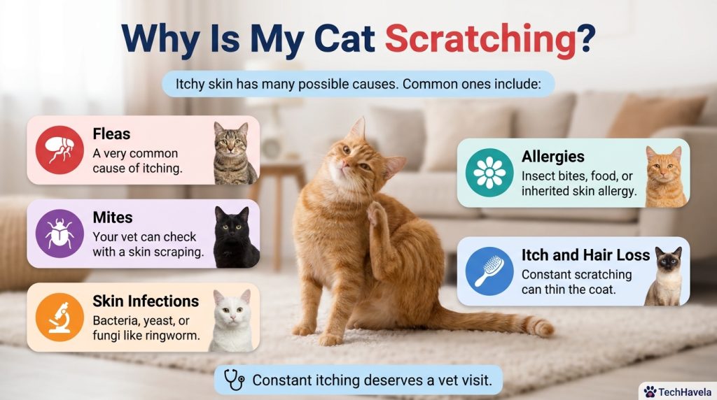Why is my cat scratching? Infographic of a ginger cat scratching its neck with causes: fleas, mites, skin infections, allergies, and itch and hair loss