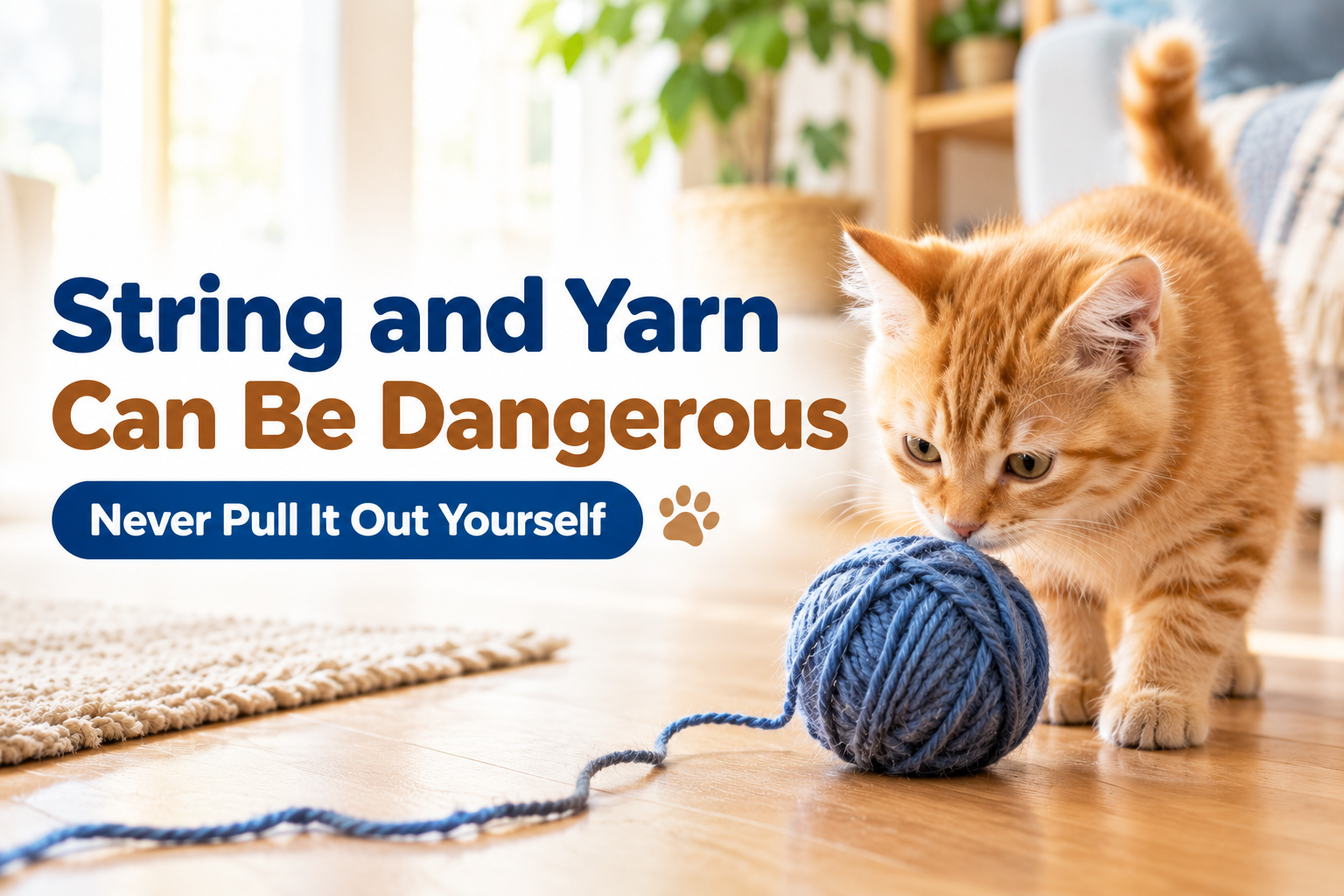 Orange kitten sniffing a ball of blue yarn with a loose strand trailing across the floor