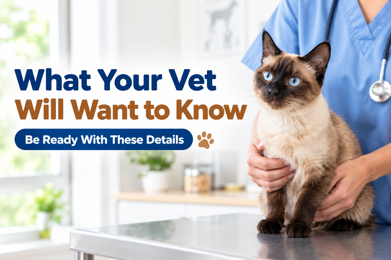 Siamese cat standing on an exam table held gently by a veterinary professional in blue scrubs