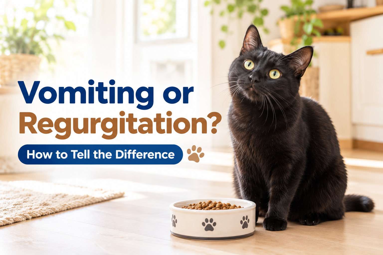 Black cat sitting next to a bowl of dry food beside the text Vomiting or Regurgitation, How to Tell the Difference