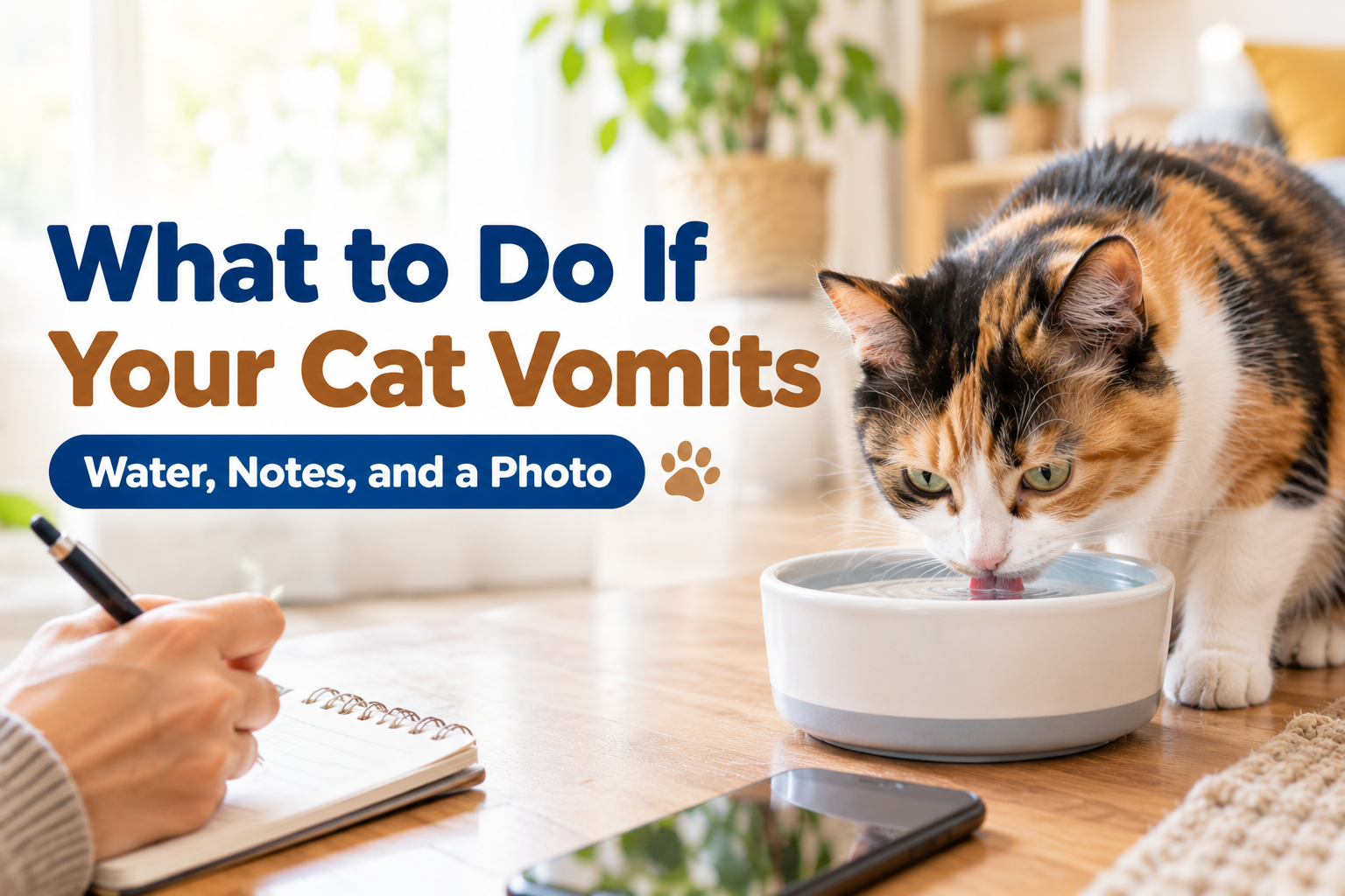 Calico cat drinking water from a bowl while an owner writes notes in a notebook next to a phone