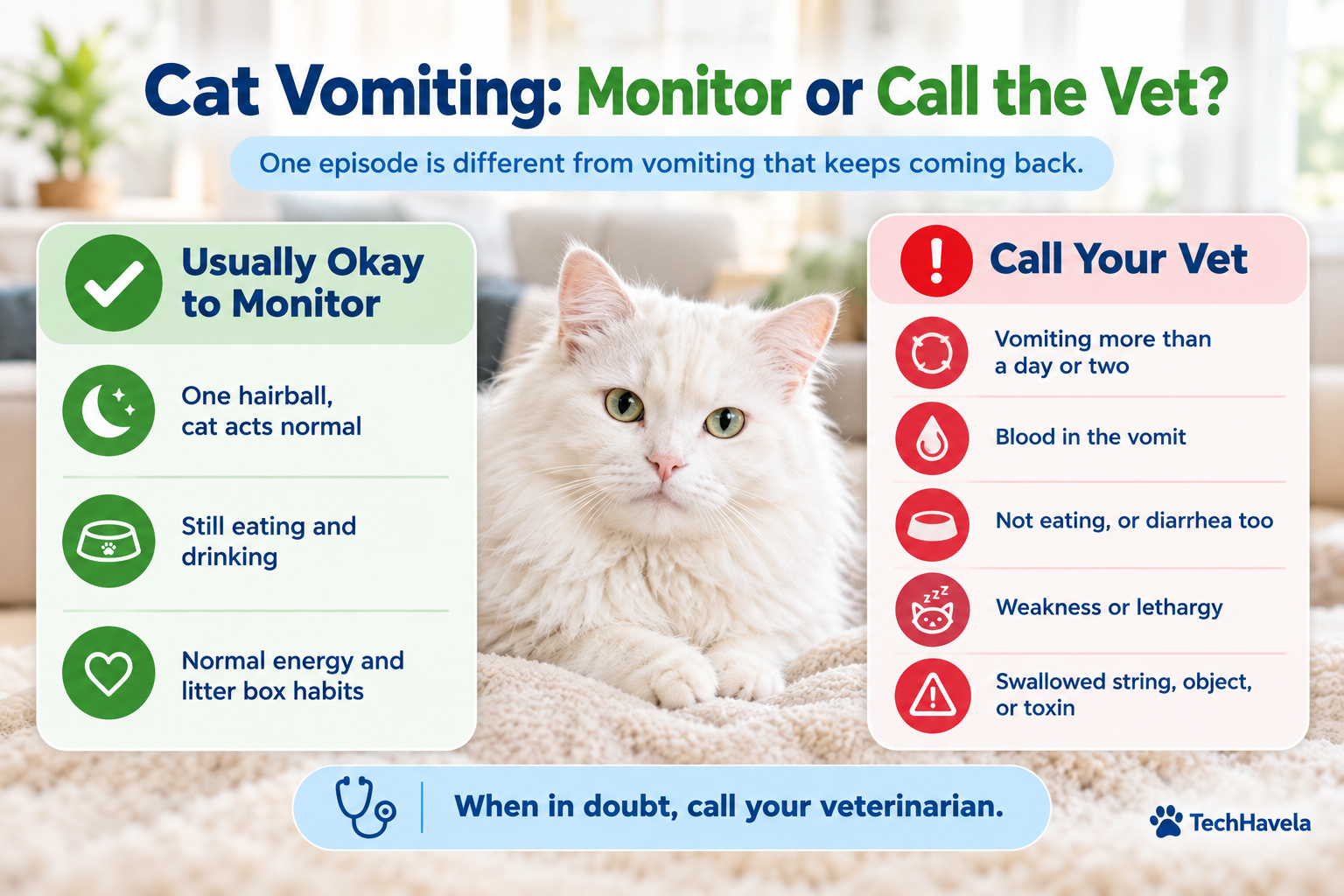 White longhaired cat between two lists comparing when cat vomiting is usually okay to monitor and when to call the vet