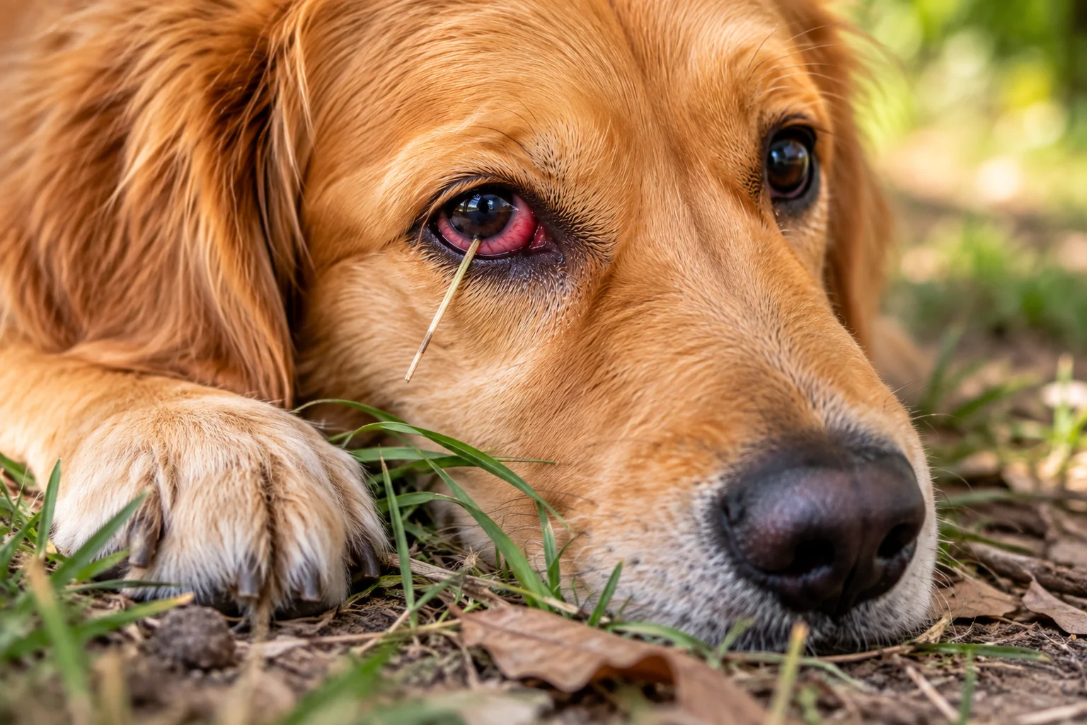 Dog with a red watery eye irritated by grass outdoors