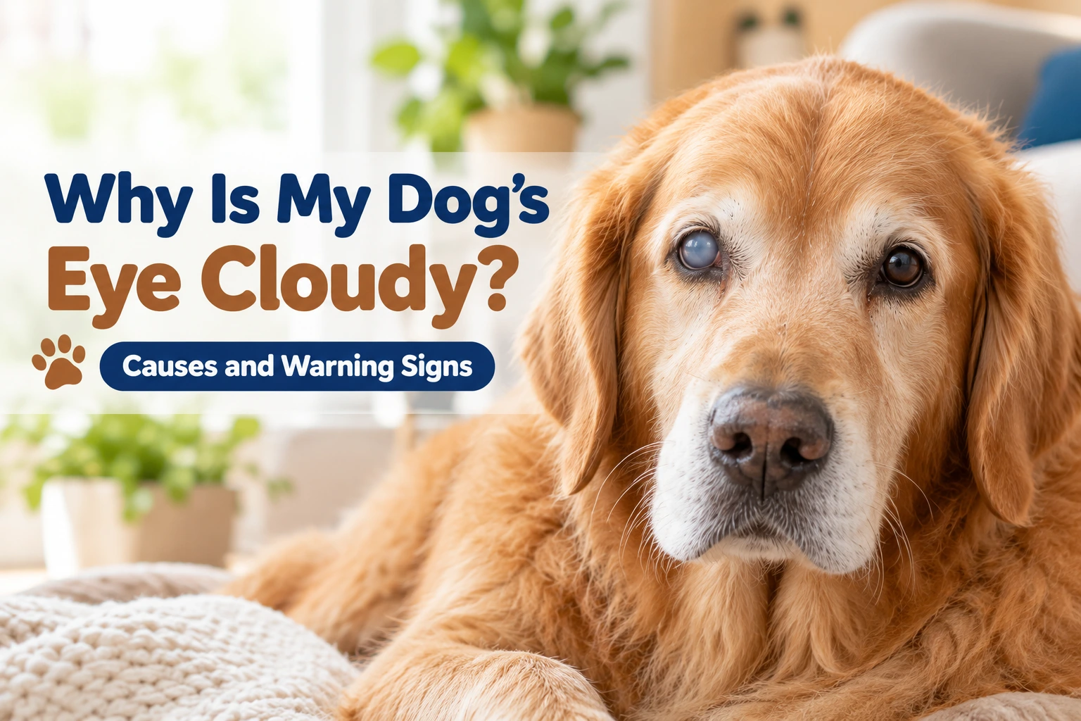Golden retriever lying on a blanket with one cloudy, bluish eye looking at the camera
