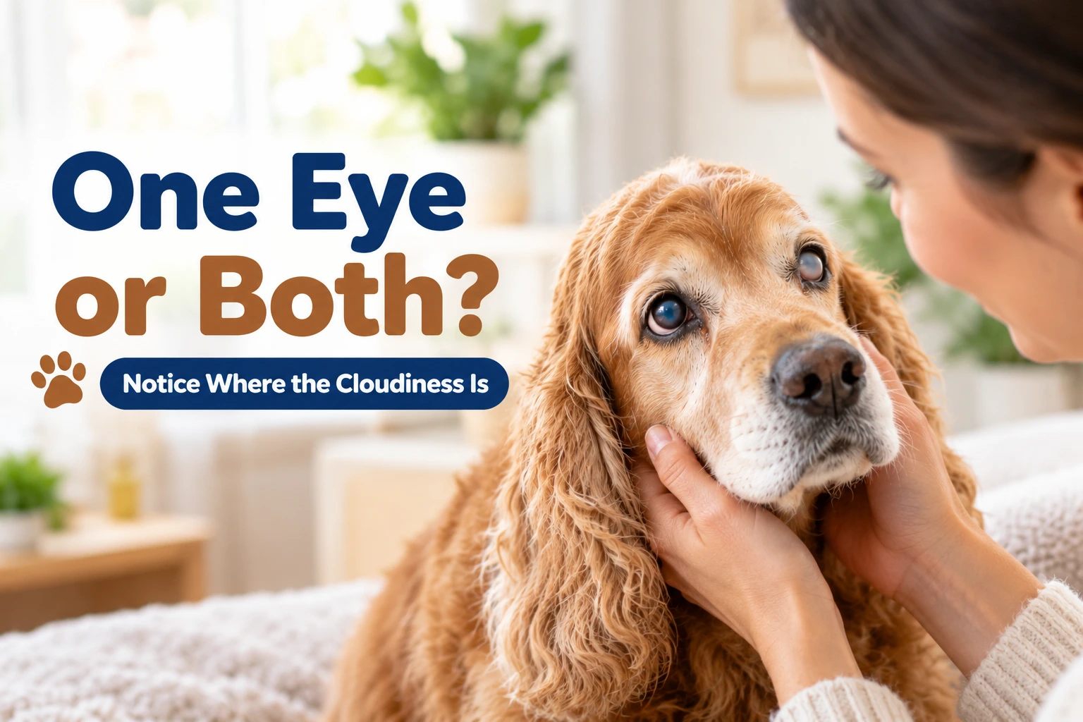 Cocker spaniel with a cloudy eye while an owner gently holds its face to look at its eyes