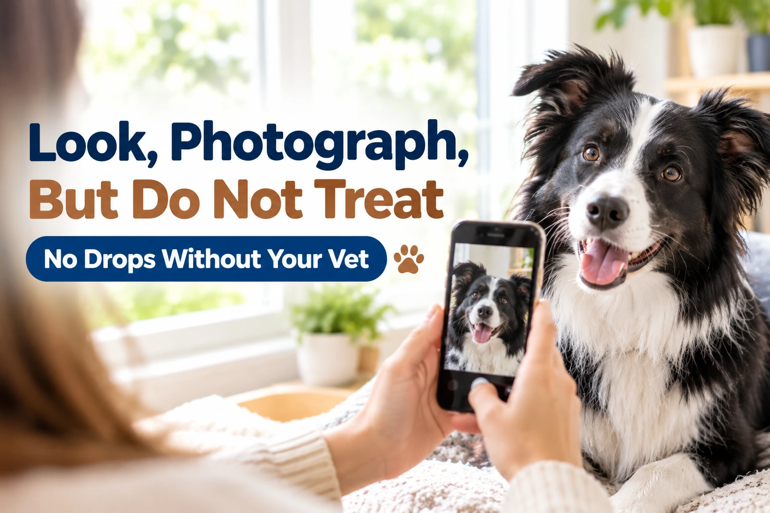 Woman photographing a smiling black and white border collie with a smartphone