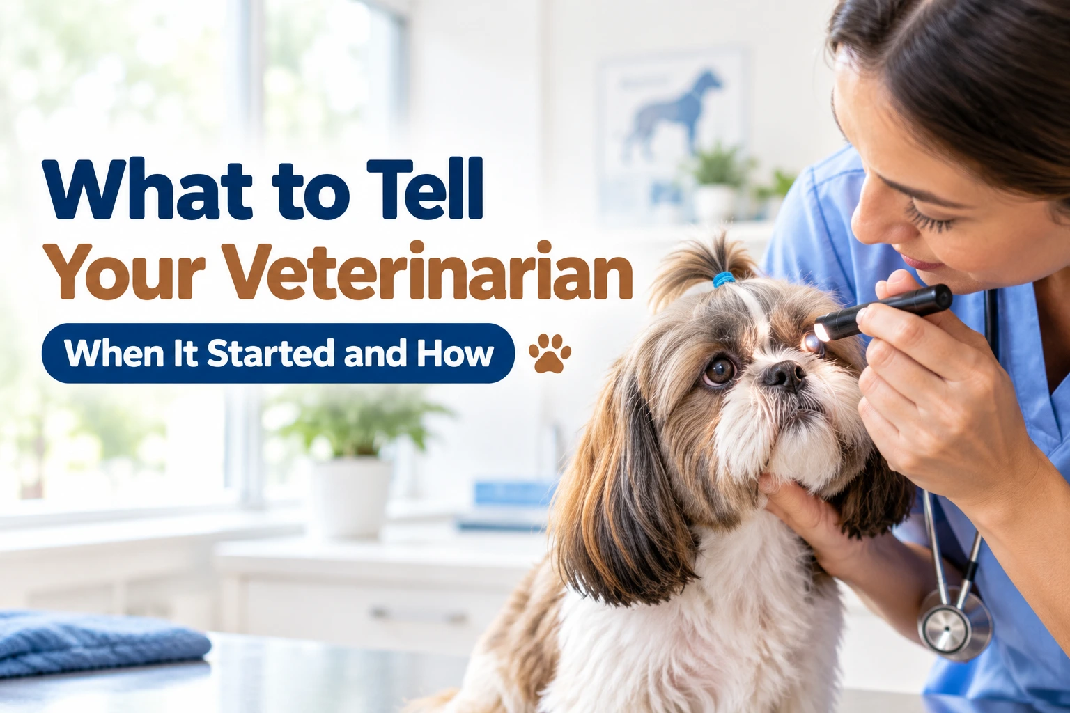 Veterinarian in blue scrubs checking a Shih Tzu's eye with a small penlight