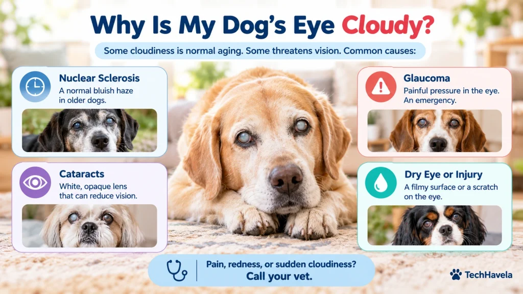 Why is my dog's eye cloudy? Infographic of an older dog with cloudy eyes surrounded by nuclear sclerosis, cataracts, glaucoma and dry eye or injury as common causes
