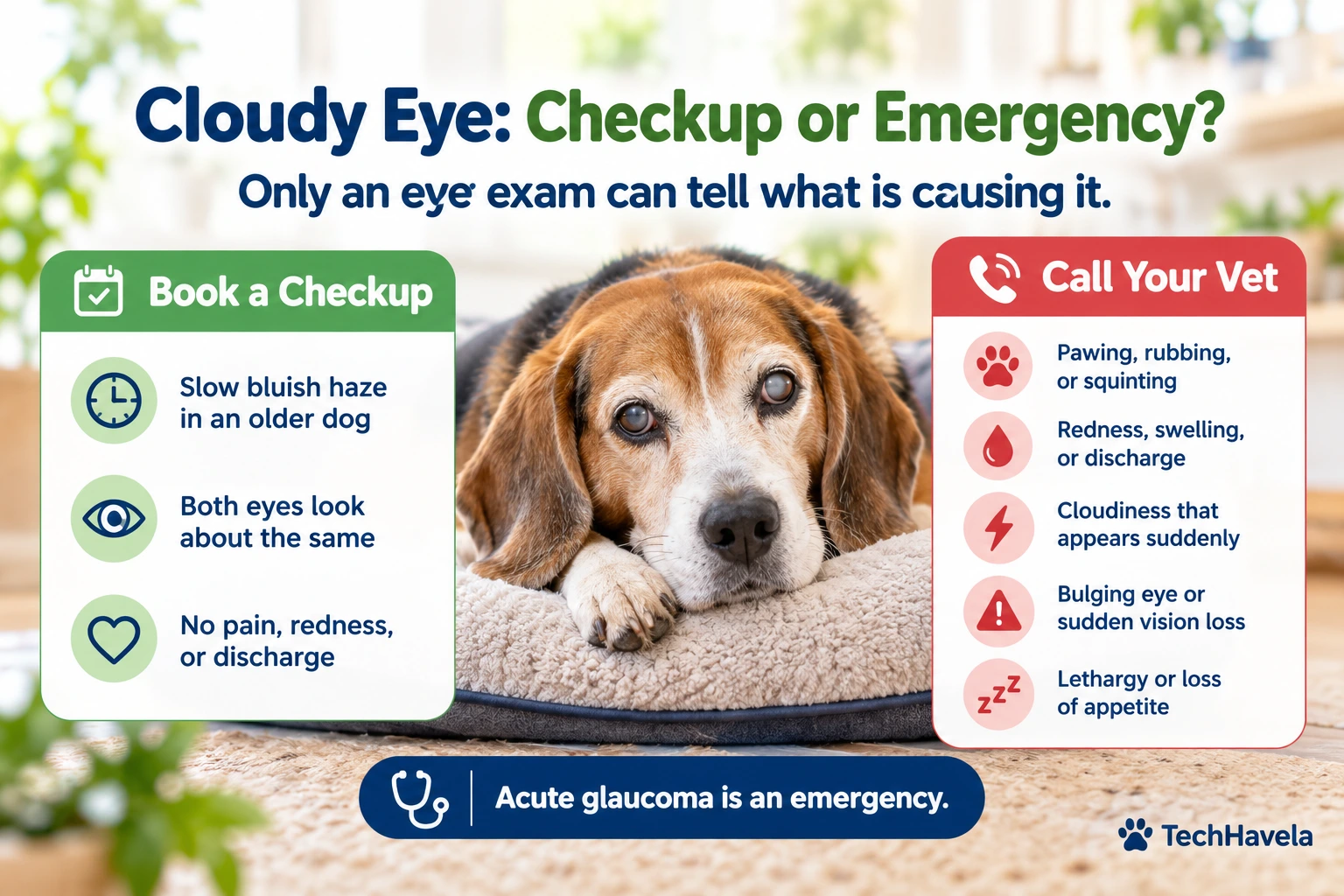 Beagle lying on a dog bed between two lists comparing when a cloudy eye needs a checkup and when to call the vet
